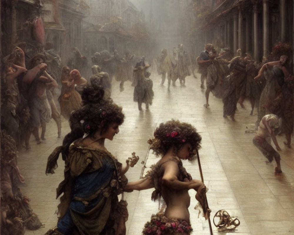 Fantastical street scene with classical figures dancing under dramatic sky