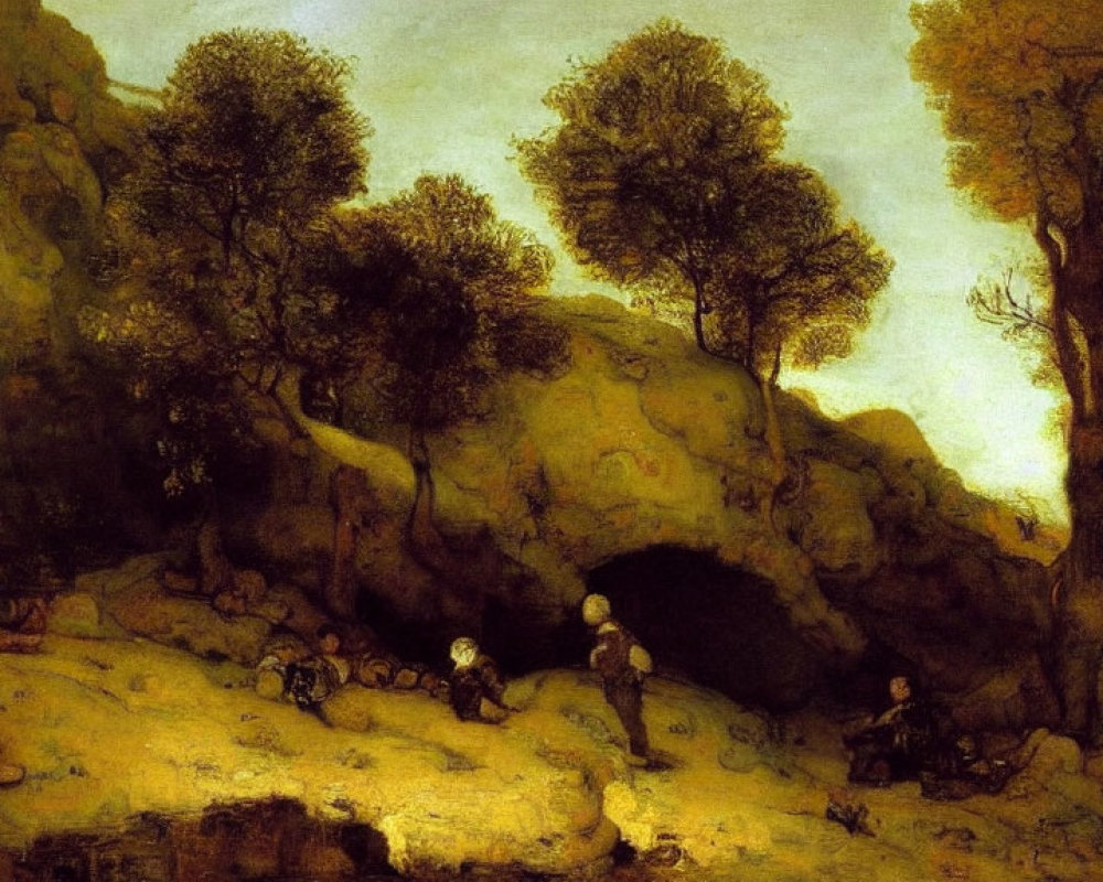 Rocky terrain with trees, cave, figures in period clothing