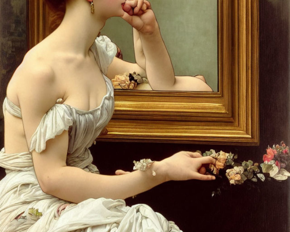 Classic painting of pensive woman in white dress with mirror reflection and flowers.