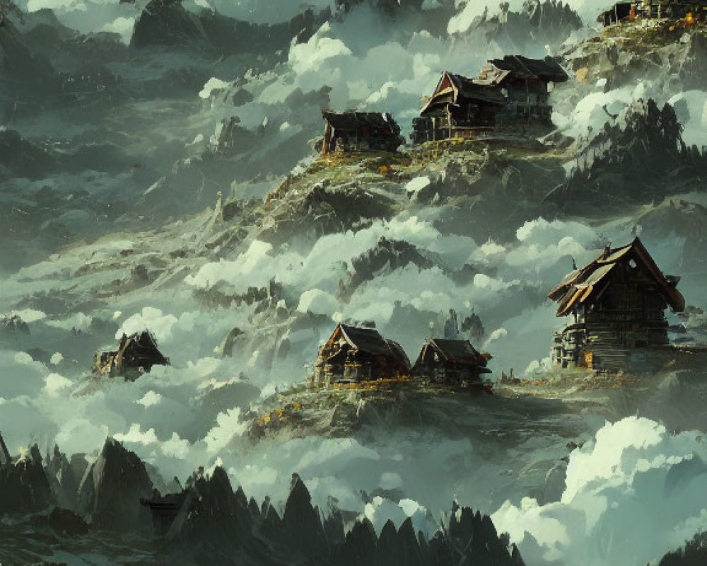 Scenic mountain landscape with mist and wooden houses on rocky peaks