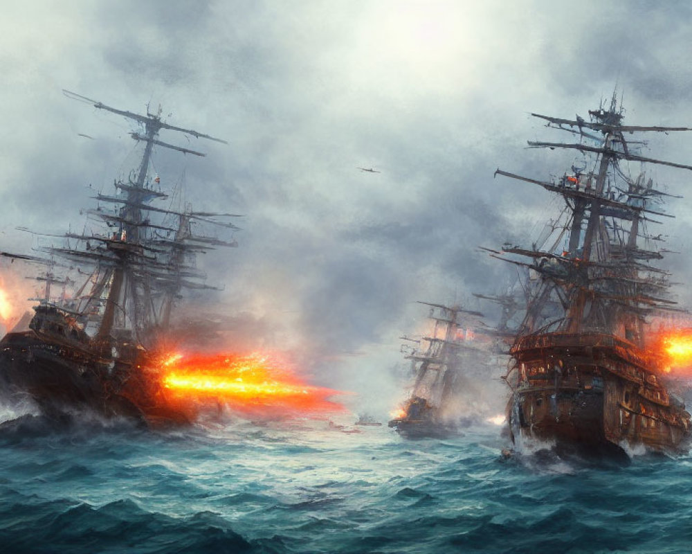 Historic naval battle scene with sailing ships in turbulent ocean.