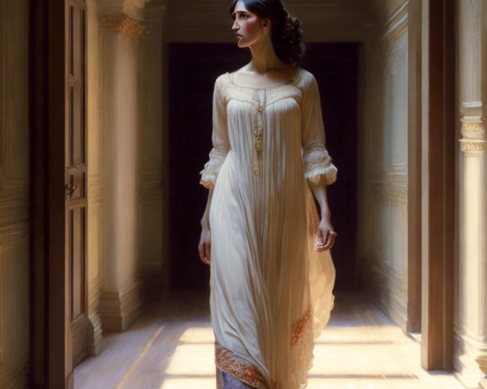 Vintage White Dress Woman Stands in Sunlit Corridor