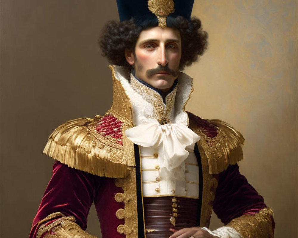 Portrait of a man in historic military uniform with ornate details.