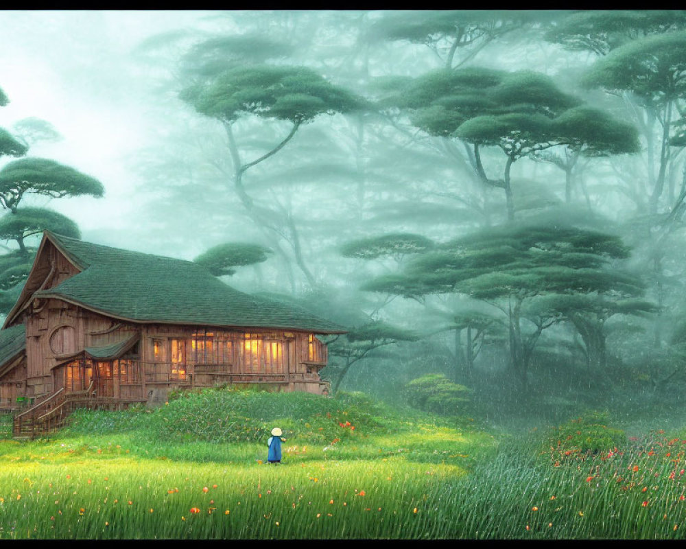 Rustic wooden house in misty forest with lush greenery and figure in blue