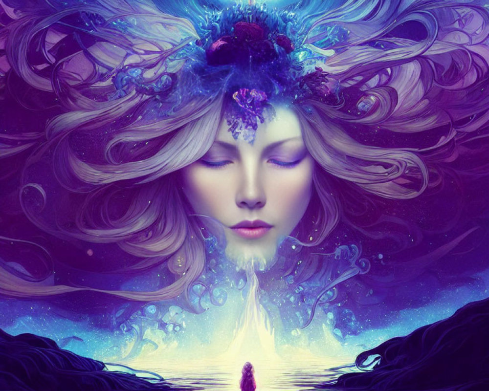 Surreal illustration of woman with flowing hair and flower crown above reflective water body