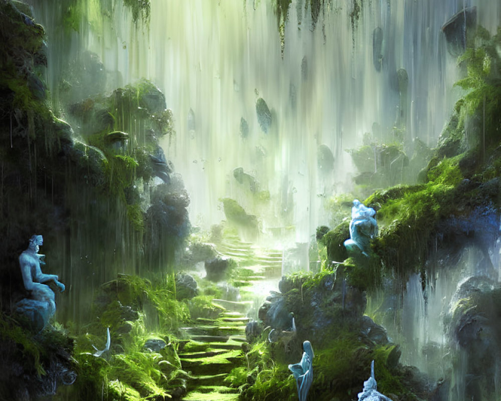 Enchanting forest with sunbeams, stone pathway, moss-covered trees, and blue statues