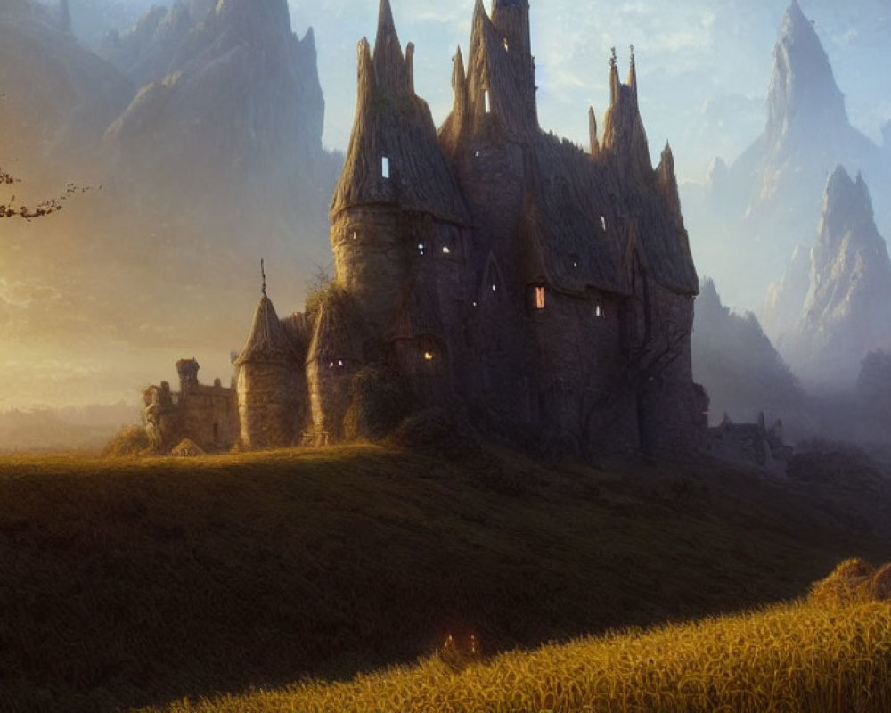 Stone castle in serene golden field with mountains in sunrise glow