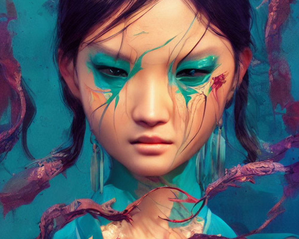 Vibrant digital artwork of a woman with turquoise eye makeup and red accents, surrounded by abstract feather