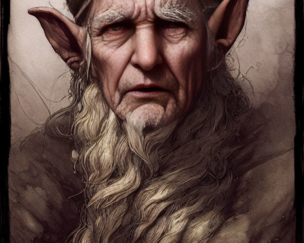 Elderly fantasy character with pointed ears and long white beard