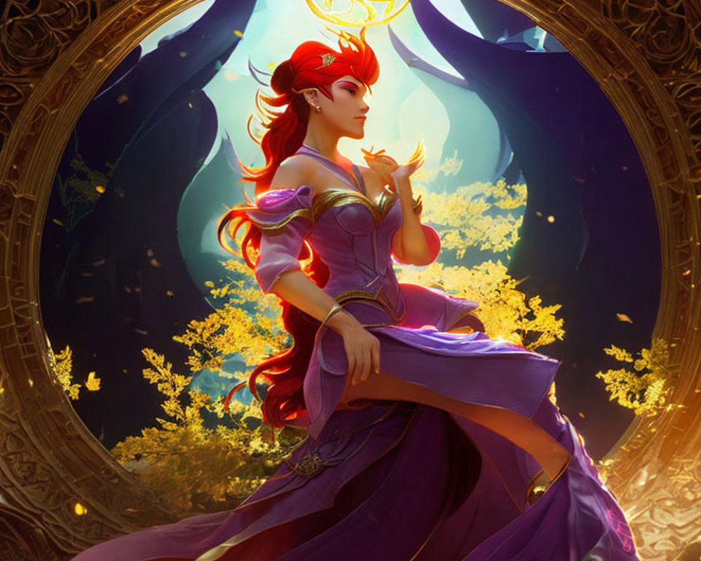 Fantasy illustration of woman with red hair in purple garments by golden mirror in enchanted forest