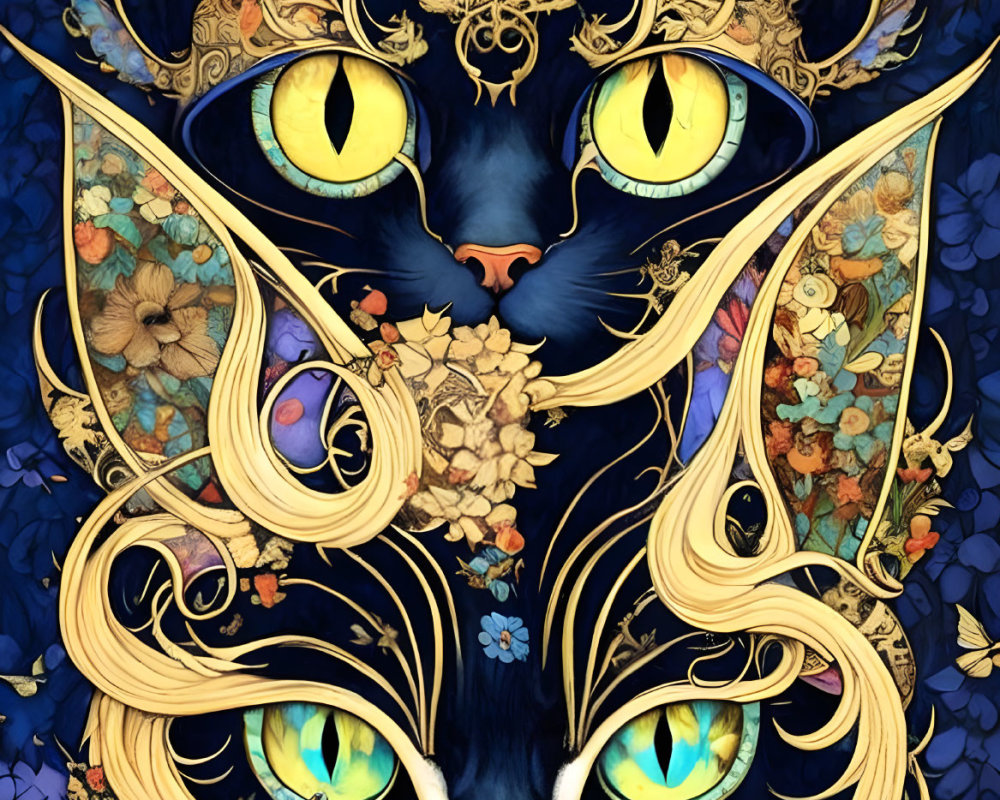 Ornate stylized cats with golden patterns on vibrant floral backdrop