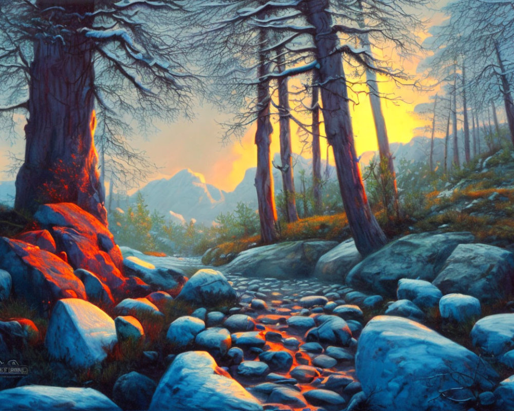 Tranquil forest landscape with tall trees, stone path, and glowing sunset.