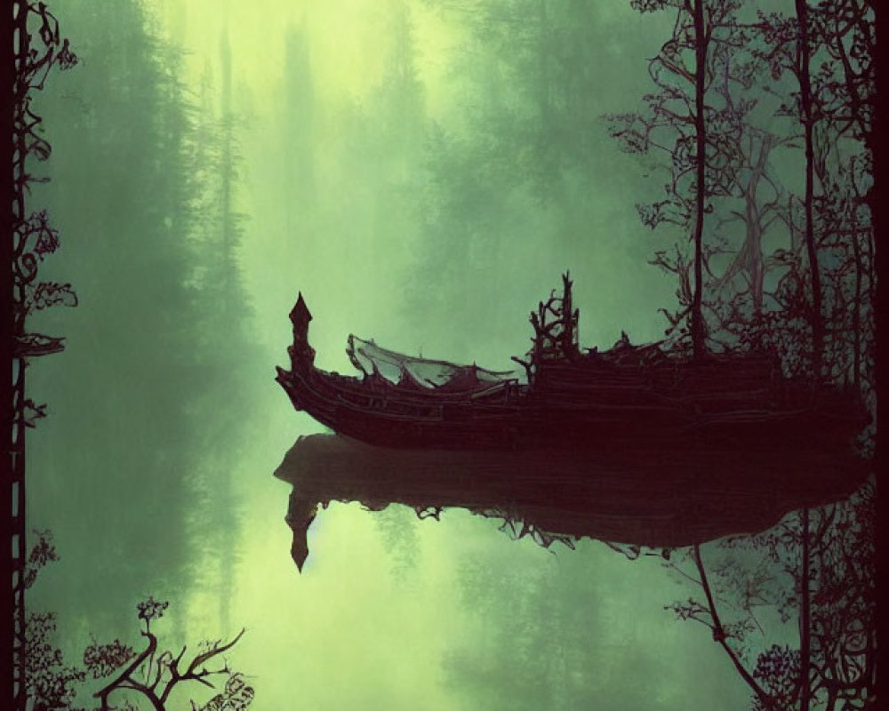 Green-tinted misty forest with intricate branch silhouettes and serene water reflection