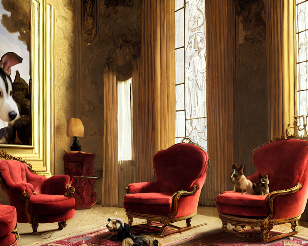 Elegant Red Chairs and Dog-Themed Decor in Luxurious Room