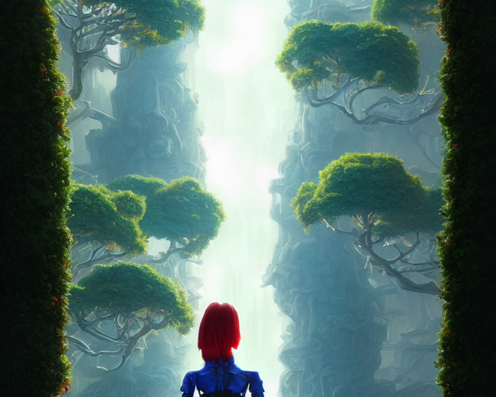 Red-Haired Figure in Mystical Forest Path with Ethereal Light