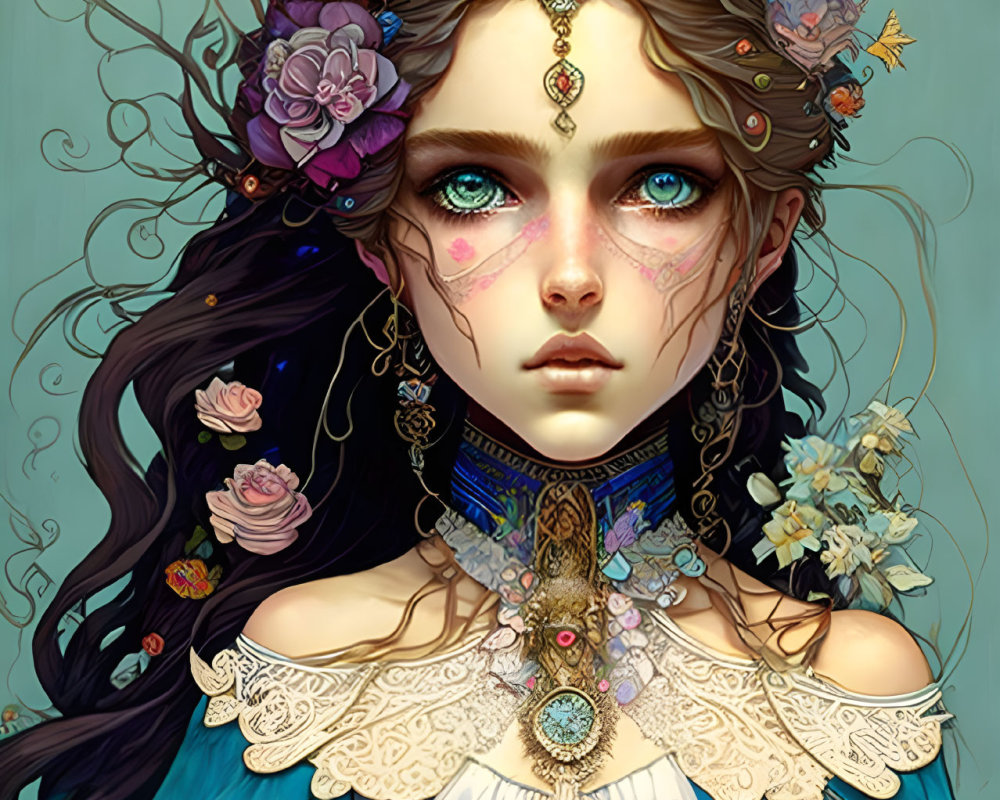 Fantasy female character digital portrait with intricate jewelry and floral elements