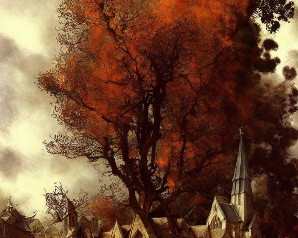 Vibrant orange tree over quaint village and church in autumn scene