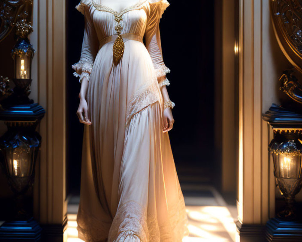 Elegant vintage dress on woman in dimly lit corridor