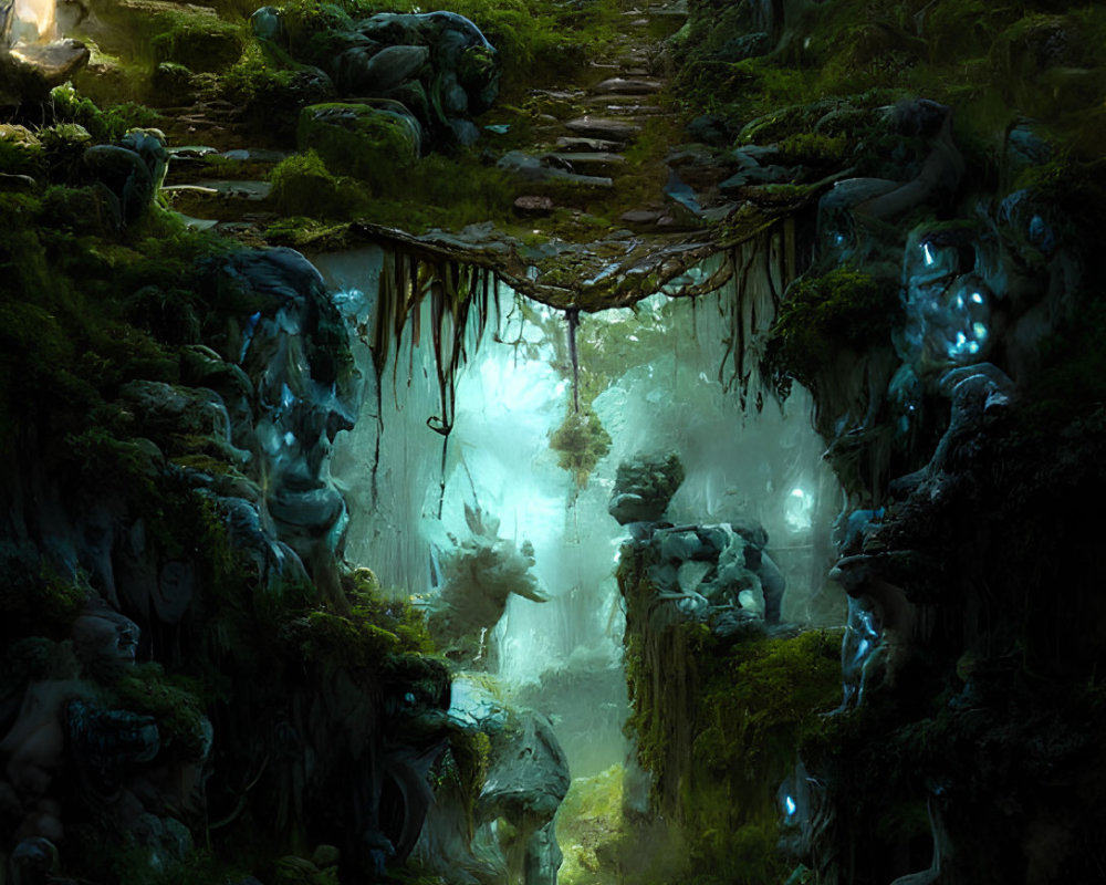 Enchanting forest scene with stone path, glowing blue lights, and mysterious figure.