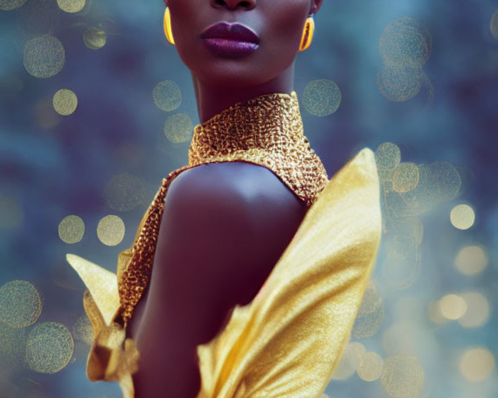 Elegant woman with afro hairstyle in gold dress and hoop earrings