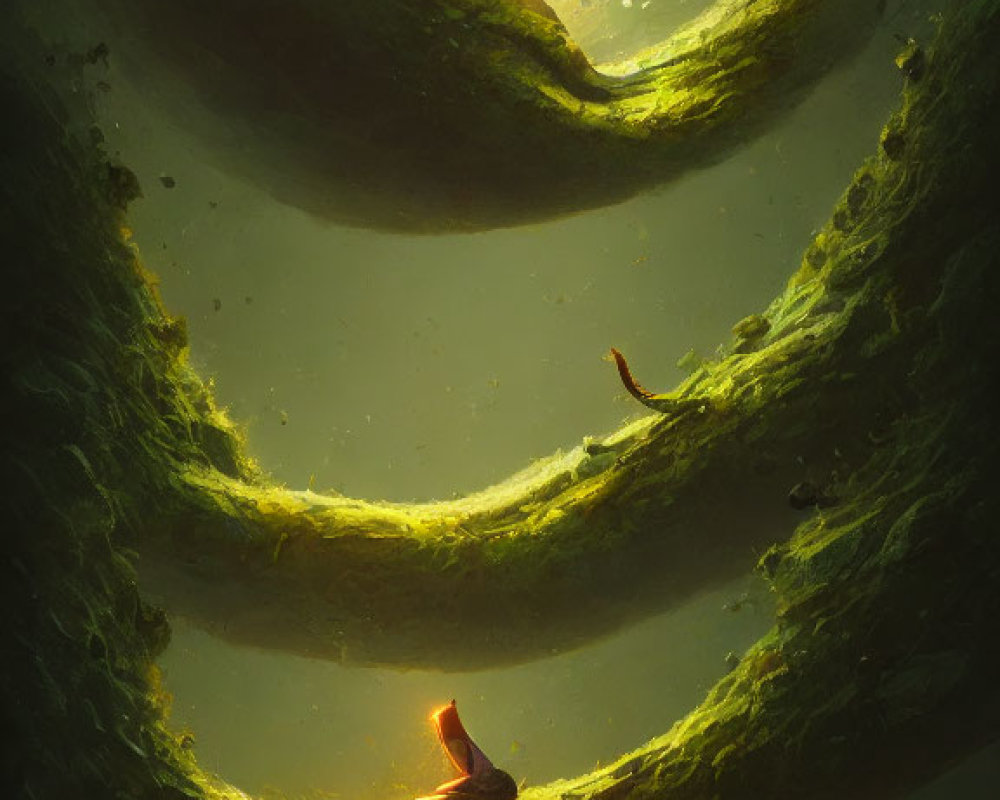 Vertical surreal landscape with glowing fish, mossy green platforms, and golden light