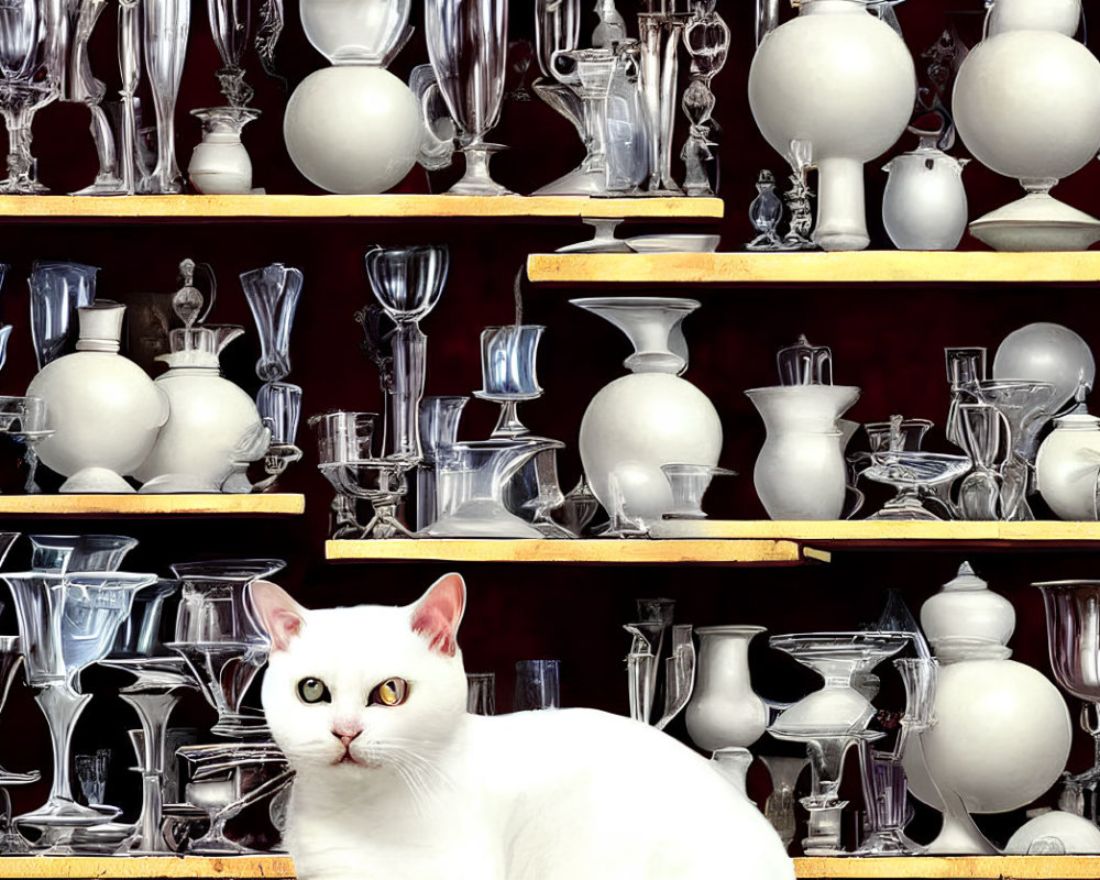 White Cat with Yellow Eyes Among Glassware and Vases