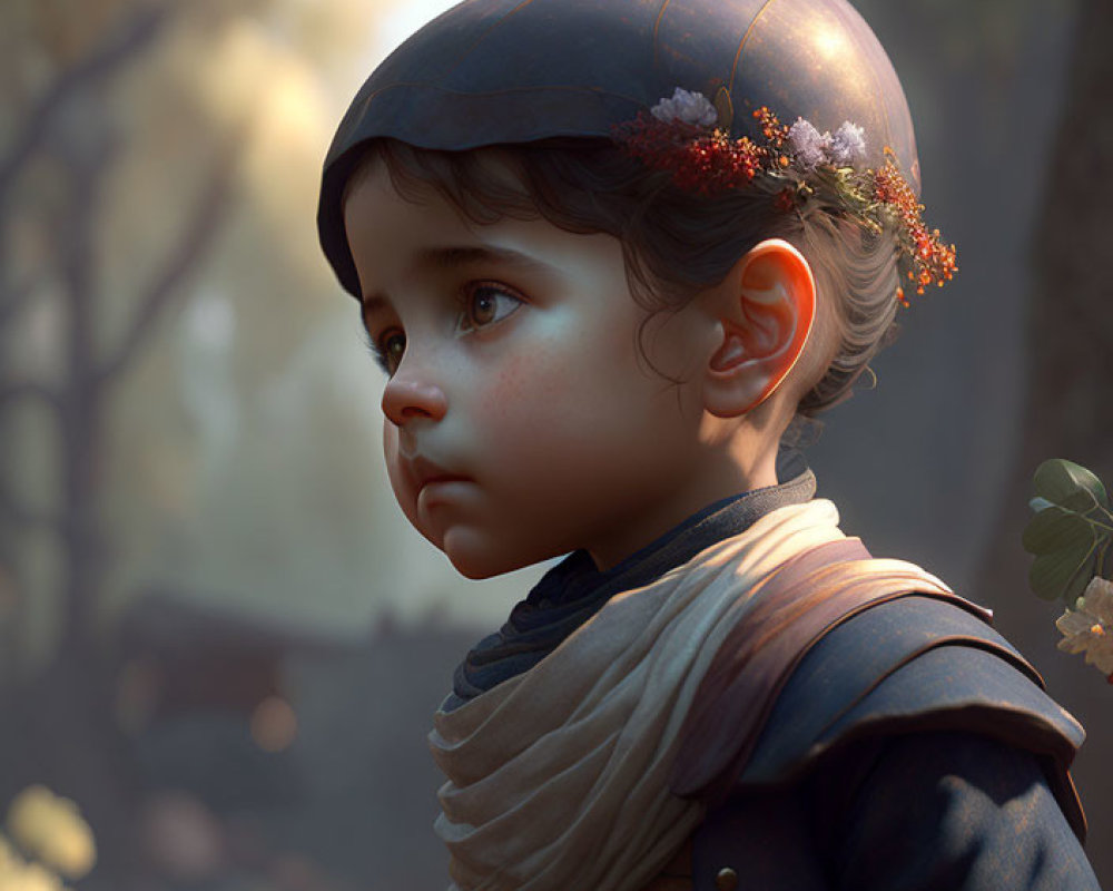 Digital artwork of young child with big eyes in decorated helmet in serene forest backdrop