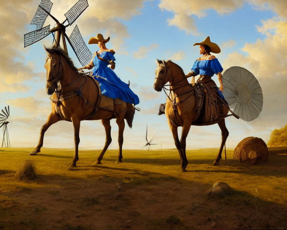 Cowboy attire individuals on horseback with windmill and grassy hills