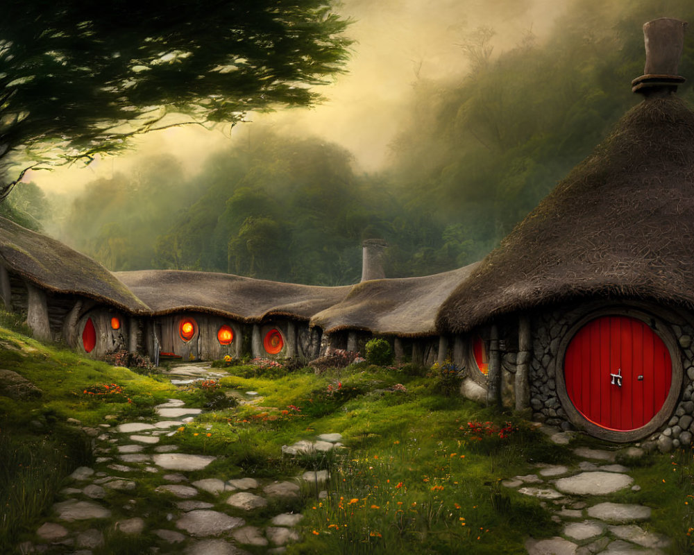 Forest scene with cozy cottages, red doors, stone pathways, mist, warm light