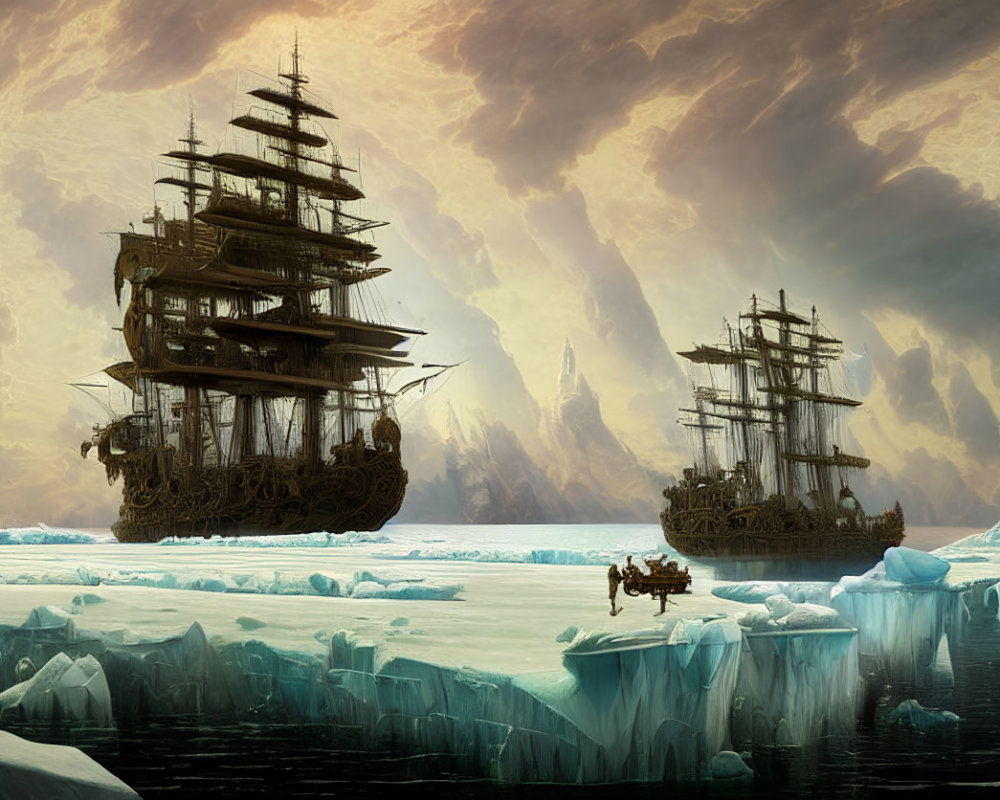 Majestic tall ships in icy waters with towering icebergs