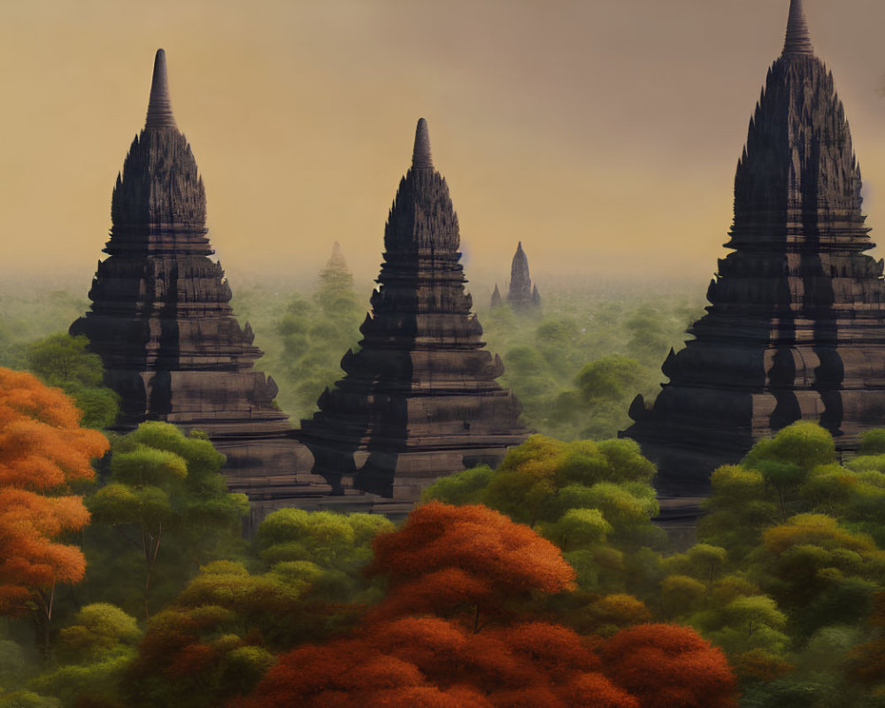 Ancient Temple Spires Tower Over Vibrant Orange Forest