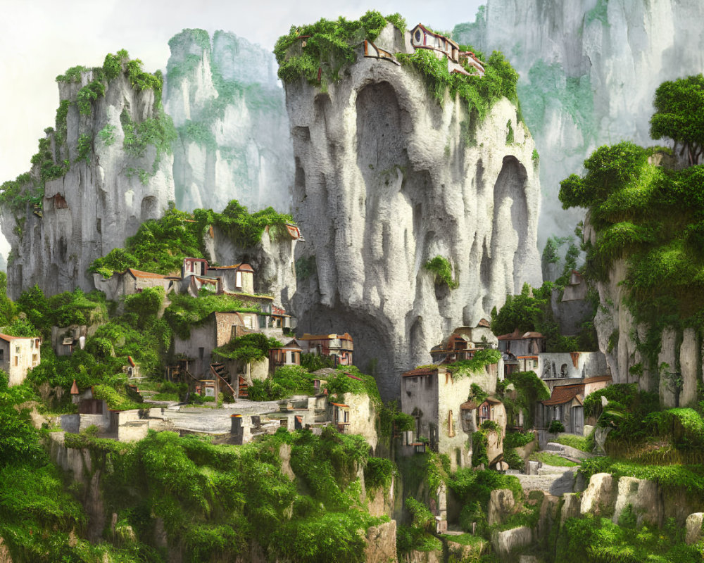 Picturesque Cliffside Village with Stone Houses and Lush Greenery