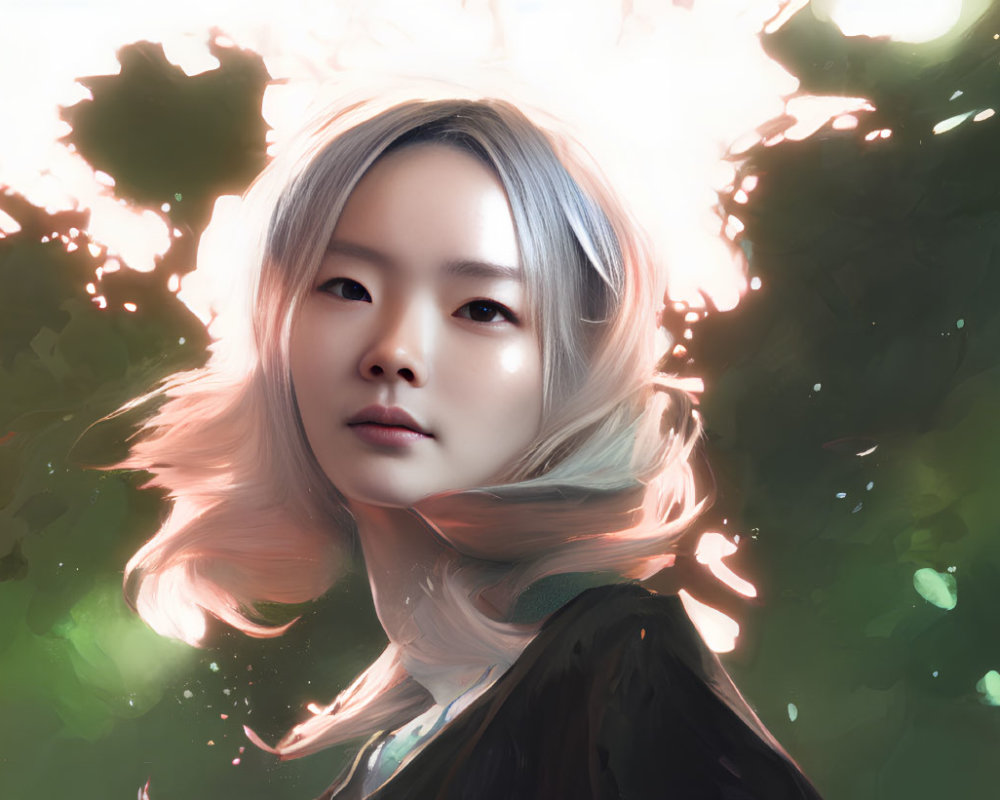 Digital portrait of woman with flowing hair in serene expression against soft greenery.