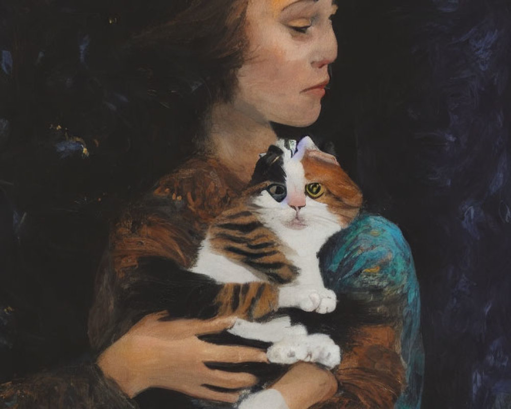 Auburn-haired woman holding calico cat on dark background