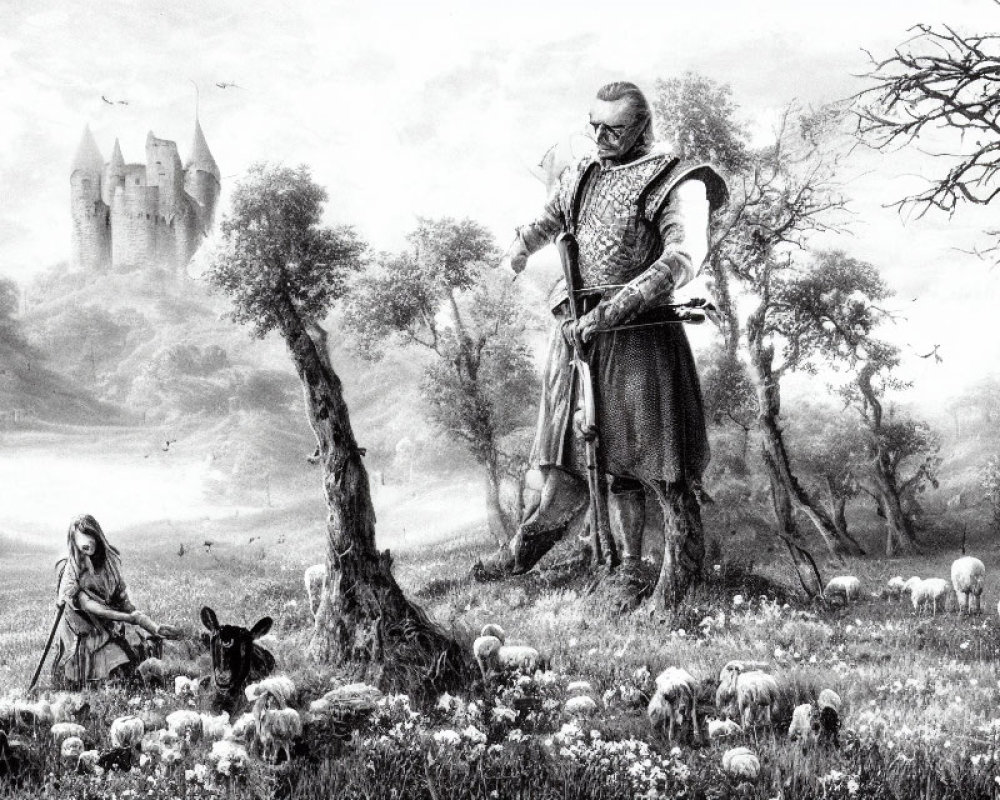 Medieval knight overseeing shepherd and sheep in countryside.