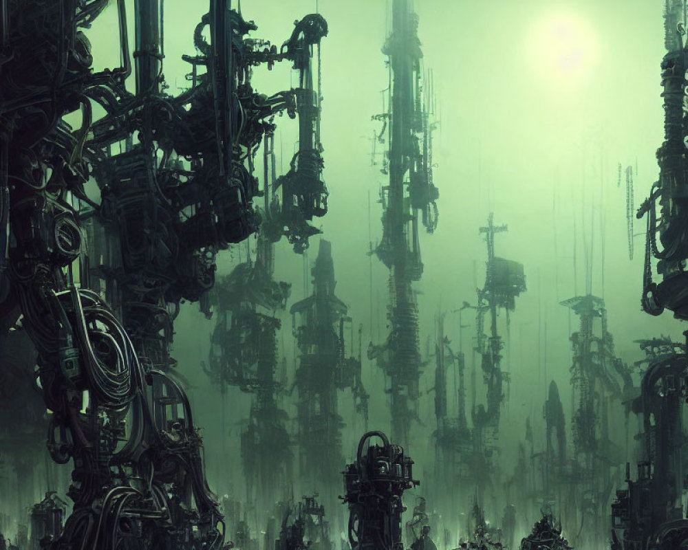 Dystopian industrial landscape with towering machinery in greenish haze