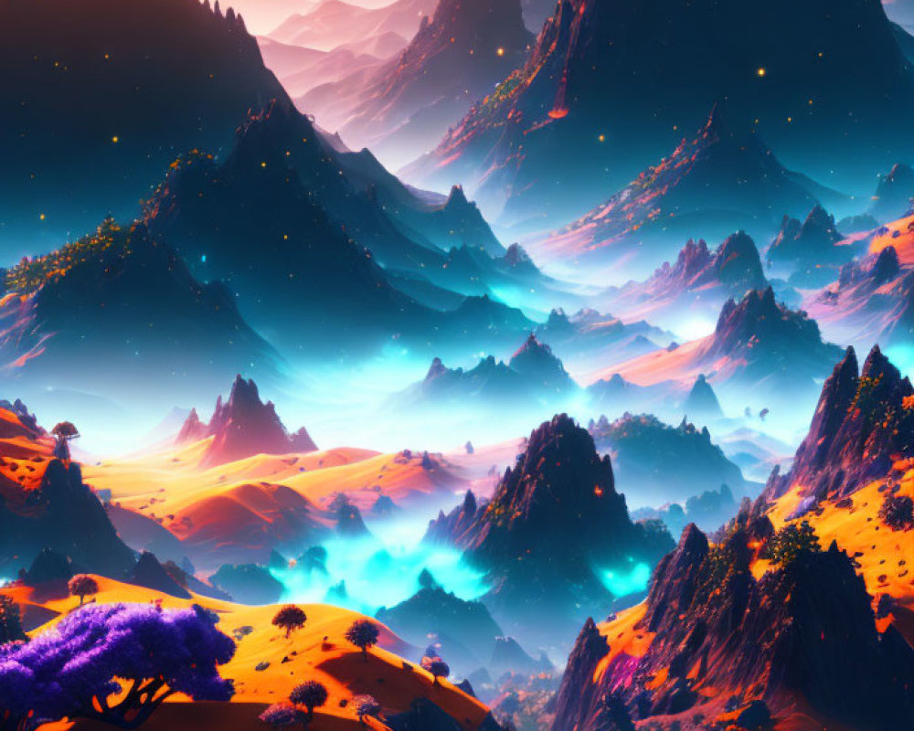 Colorful digital landscape with orange fields, purple hills, mountains, and blue mist under stars