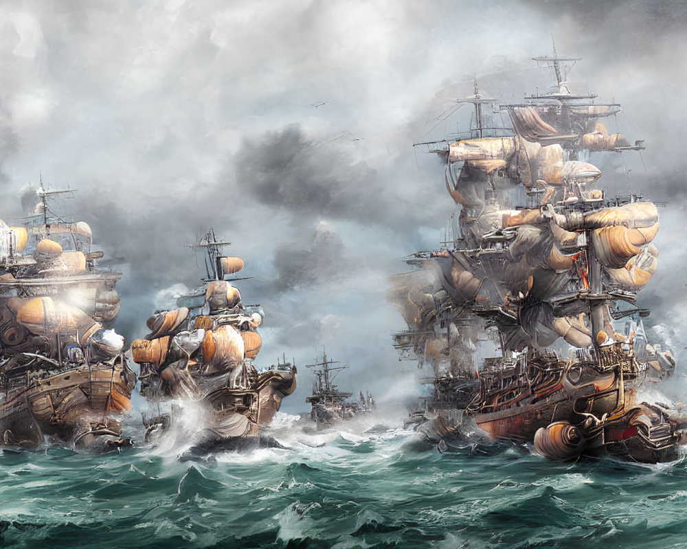 Historic naval battle scene with tall ships in tumultuous seas