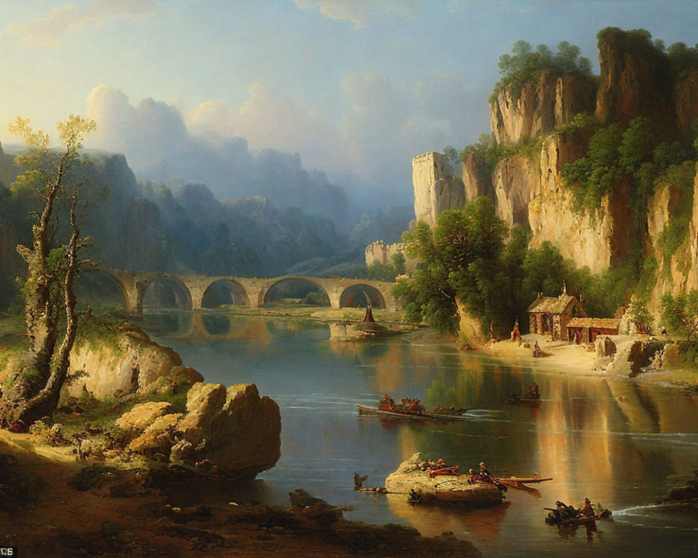 Tranquil landscape painting with river, boats, stone bridge, cliffs, cottage, and hazy