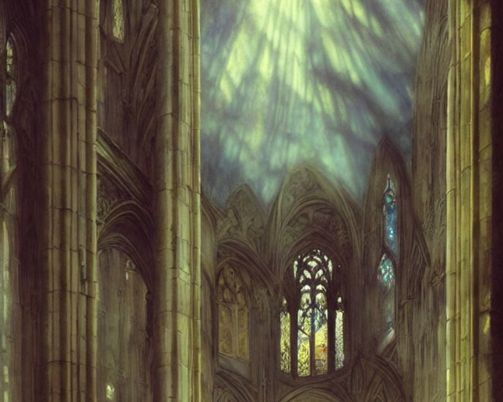 Abandoned Gothic cathedral with overgrown ruins under sunlight