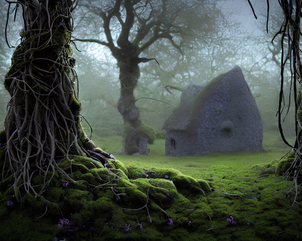 Enchanting moss-covered cottage in foggy forest with exposed roots and purple flowers