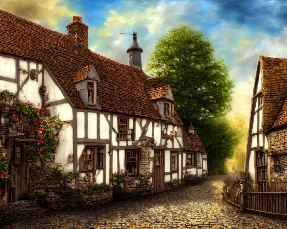 Traditional half-timbered houses on cobblestone street with flowers under golden sunlight