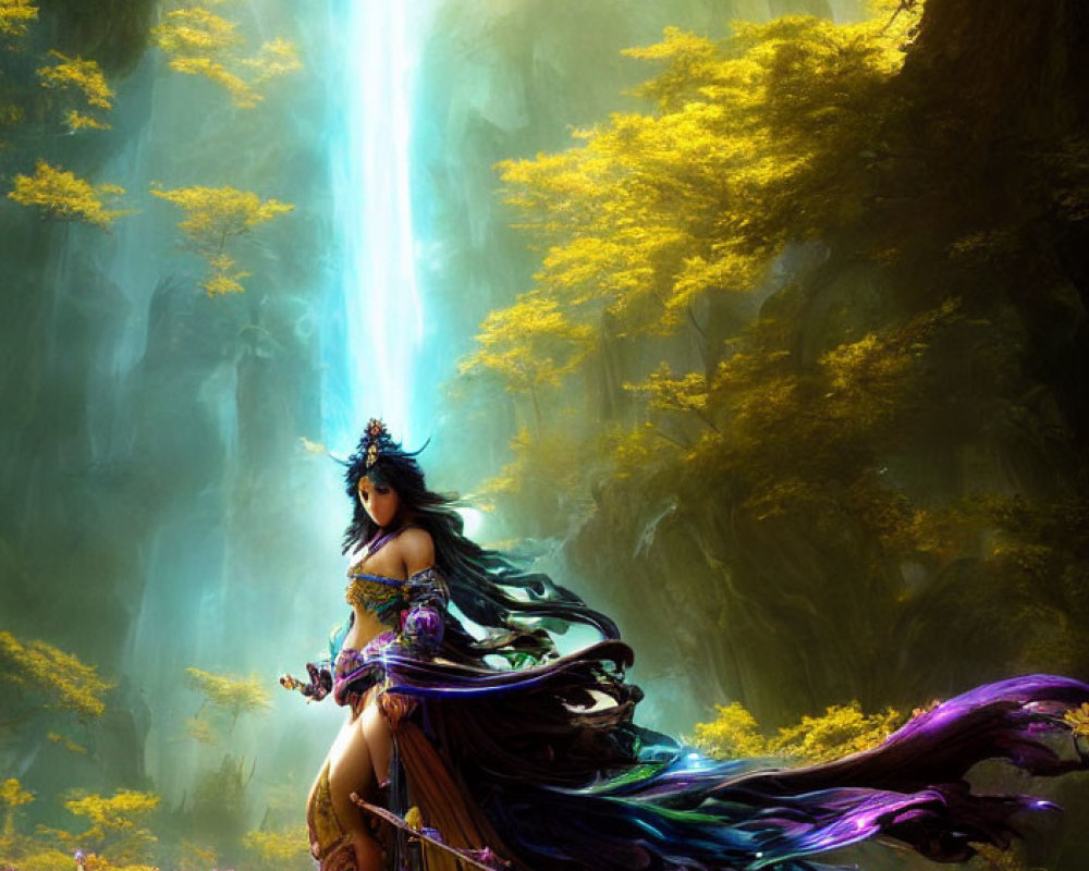 Ethereal female figure in purple amidst vibrant flora and luminous waterfall