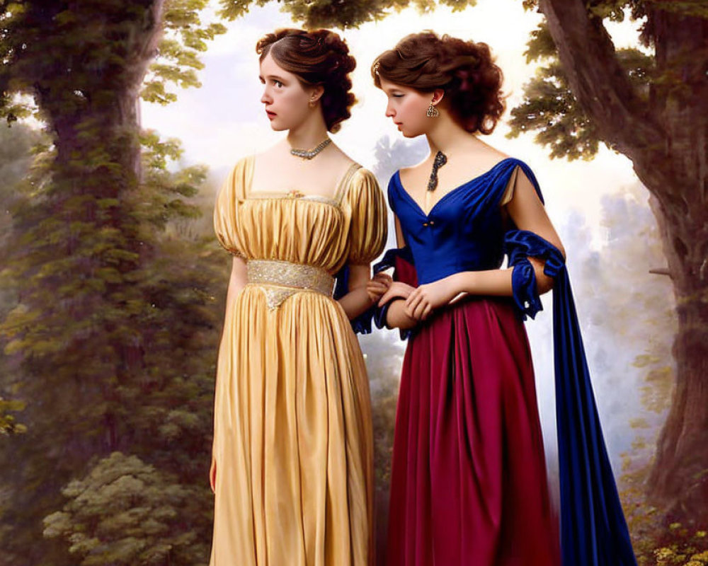 Two women in elegant historical dresses standing in serene forest landscape