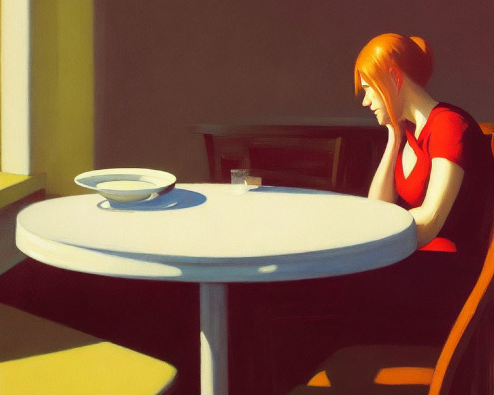 Red-haired person in red top sitting at white table with bowl and cup in soft sunlight