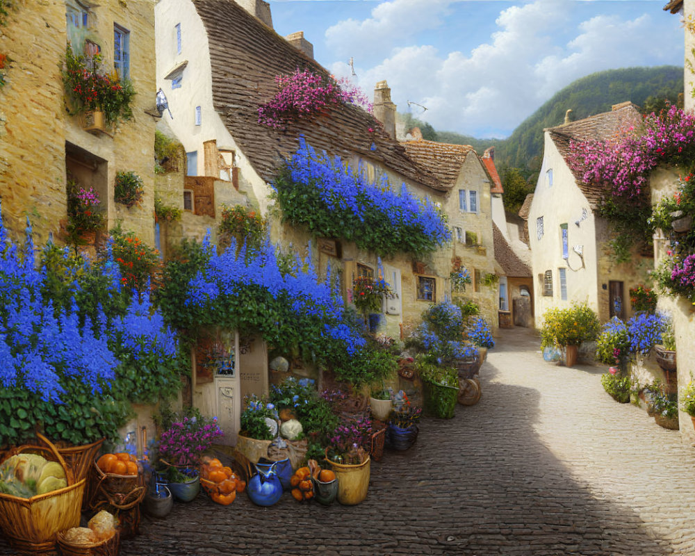 Traditional Stone Houses with Blue Flowers on Cobblestone Street