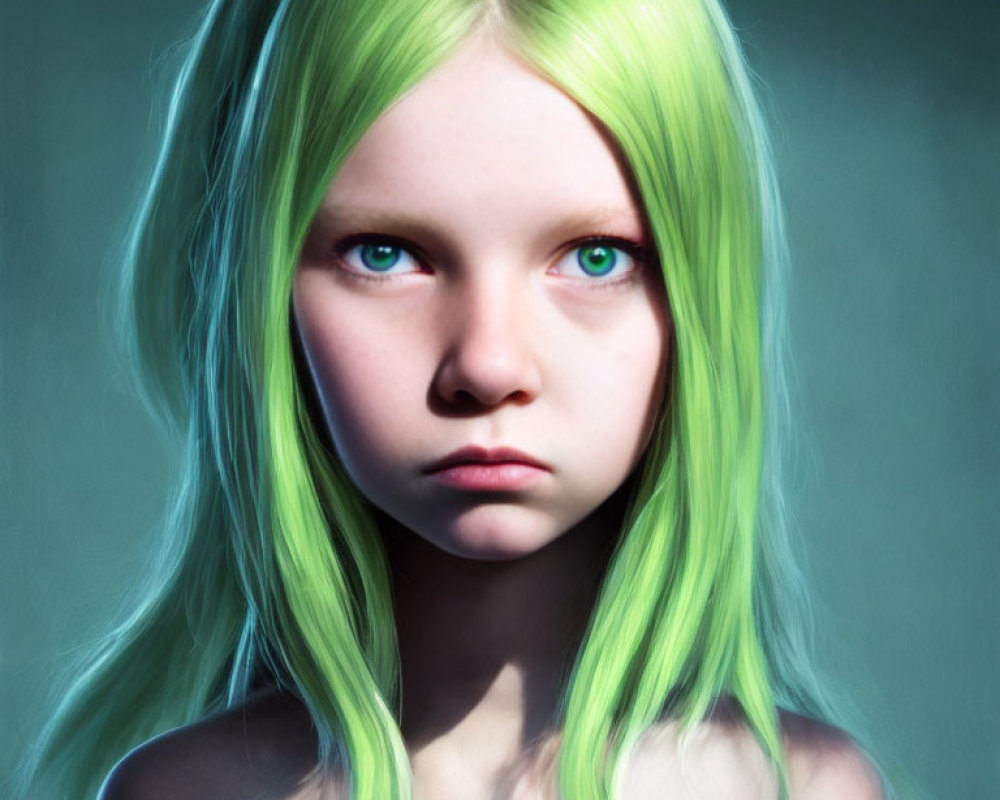 Young girl with vibrant green hair and blue eyes in serious pose.