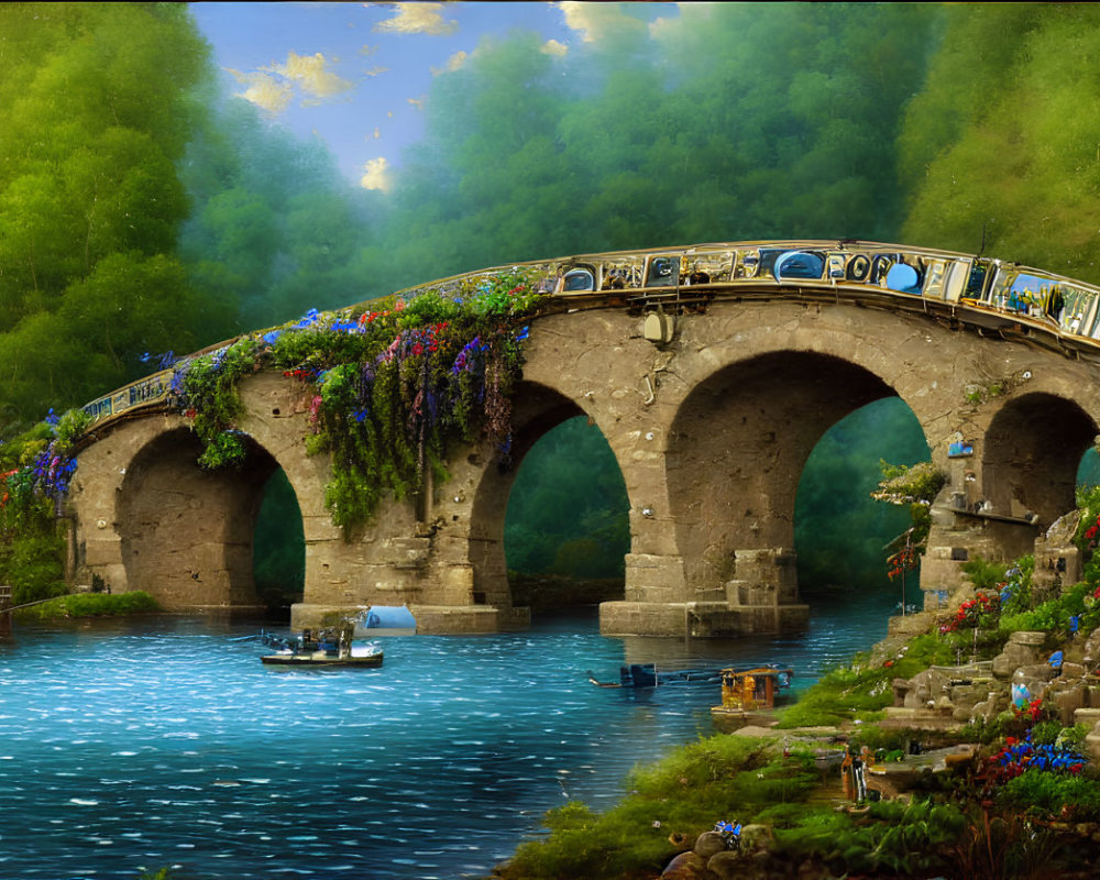 Stone bridge with colorful flowers over serene river and boat sailing amidst lush greenery