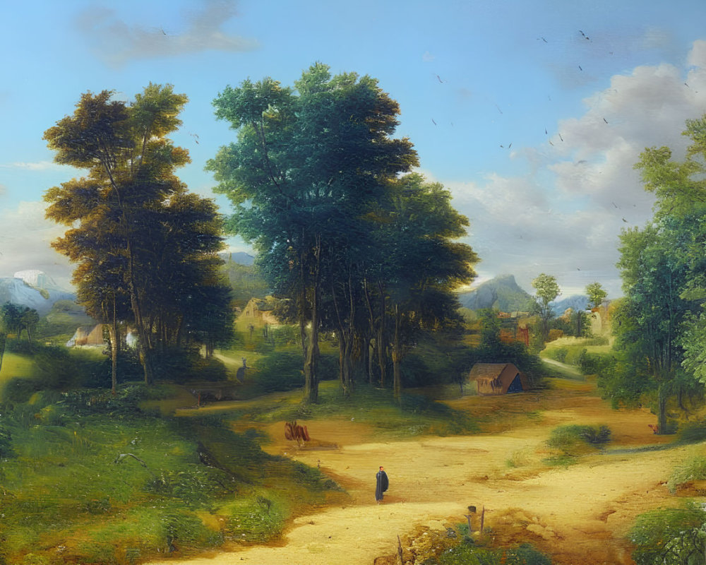 Tranquil landscape painting of lush countryside with trees, pathway, hut, and mountains under bright sky