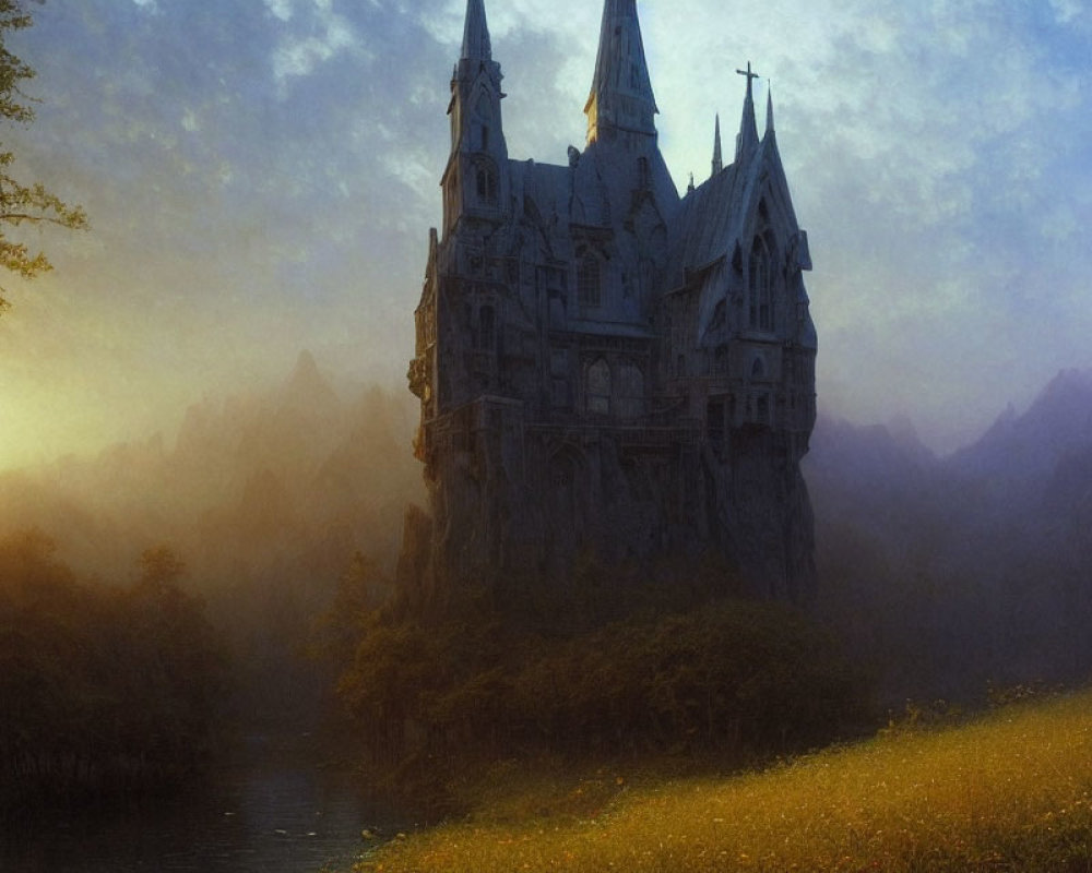 Ethereal gothic castle in misty landscape with river, mountains, and dim sky